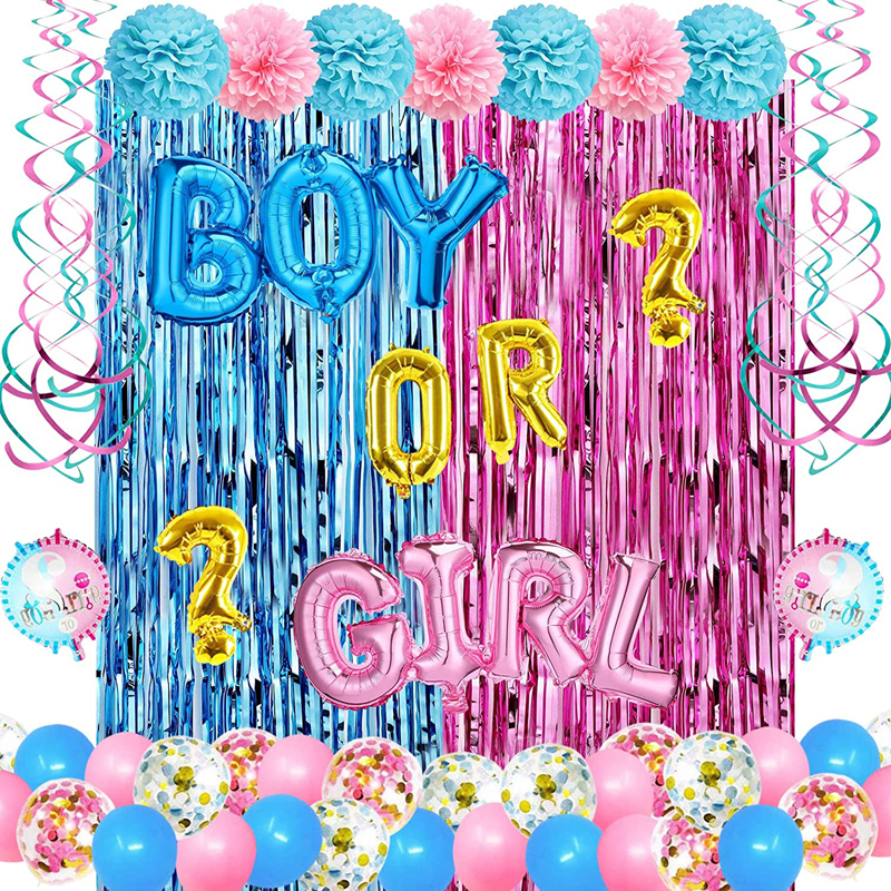 Gender Reveal Party Decorations Kit Boy or Girl Banner Foil Balloons Pink and Blue Curtain Swirls