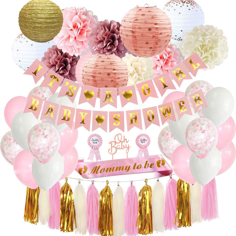 Pink and Gold Baby Shower Decorations Kit It is a Girl Banner Mommy to Be Sash Daddy to Be Pin