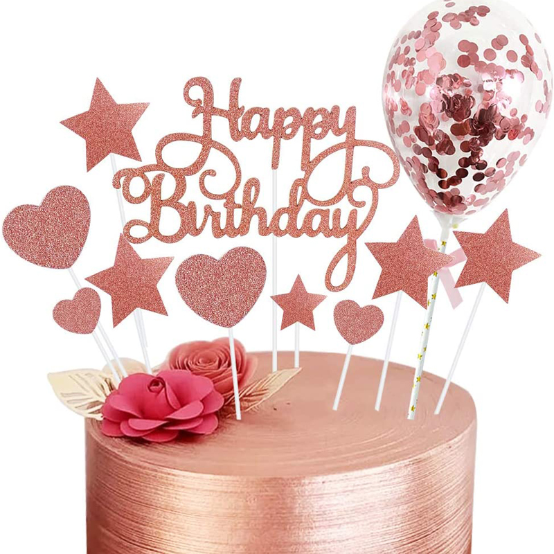 Rose Gold Women Girls Birthday Cake Toppers Glitter Star Heart Cupcake Topper with Confetti Balloon Birthday Cake Toppers, Girls Birthday wholesale