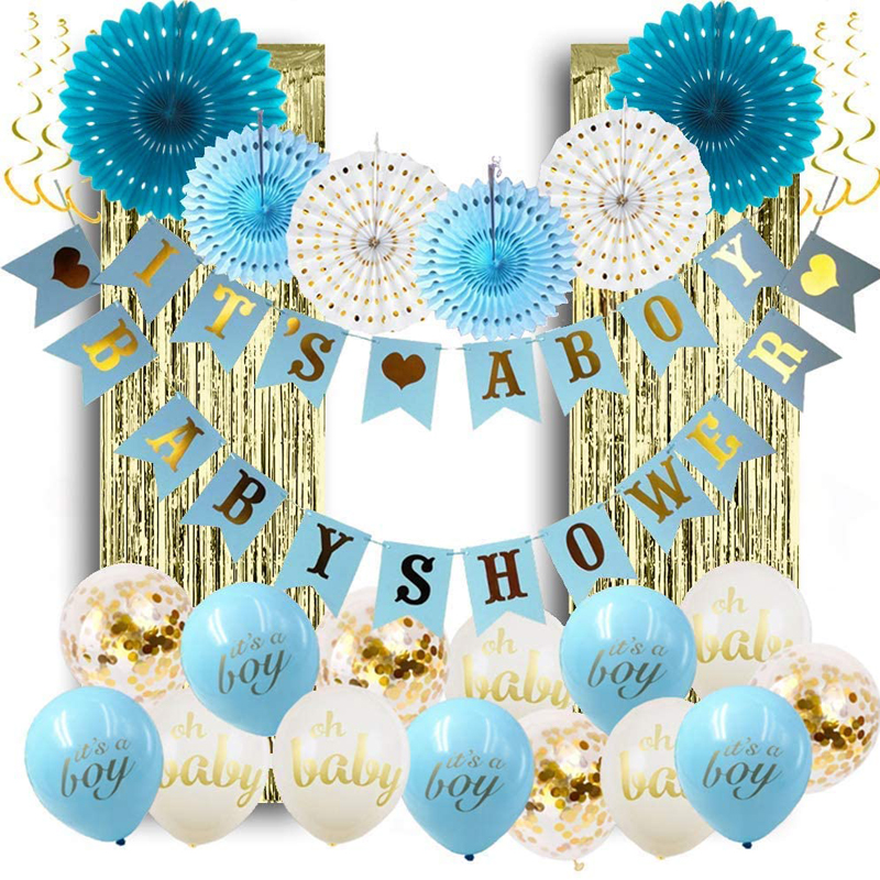 Blue and Gold Baby Shower Decorations for Boy Banner Paper Lantern Pompoms Honeycomb Tassel