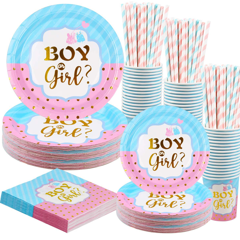Gender Reveal Party Kit Plates and Napkins and Cups Straws 120pcs Serves 24 Guests