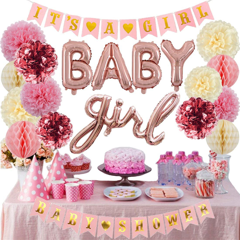 Girl Baby Shower Decorations Metallic Rose Gold Foil Tissue Paper Pom Poms Honeycomb Balls Kit