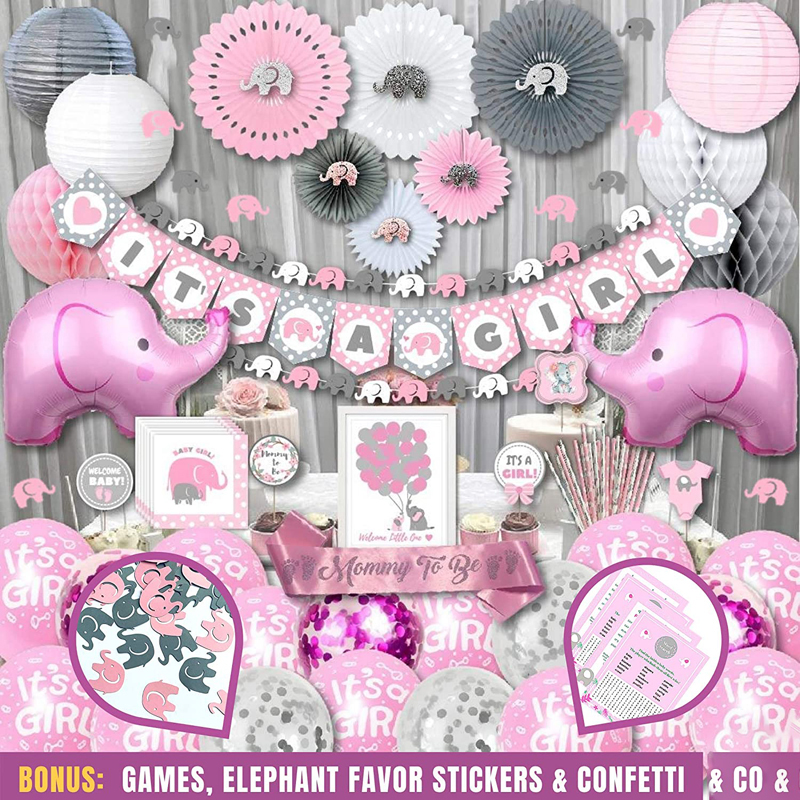 Pink Grey White Elephant Baby Shower Decorations for Girl Banner Napkins Straws Guest Books