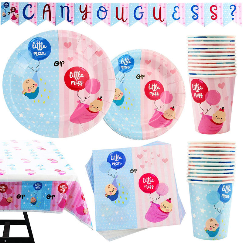 Gender Reveal Party Supplies Kit Including Banner Plates Cups Napkins Tablecloth