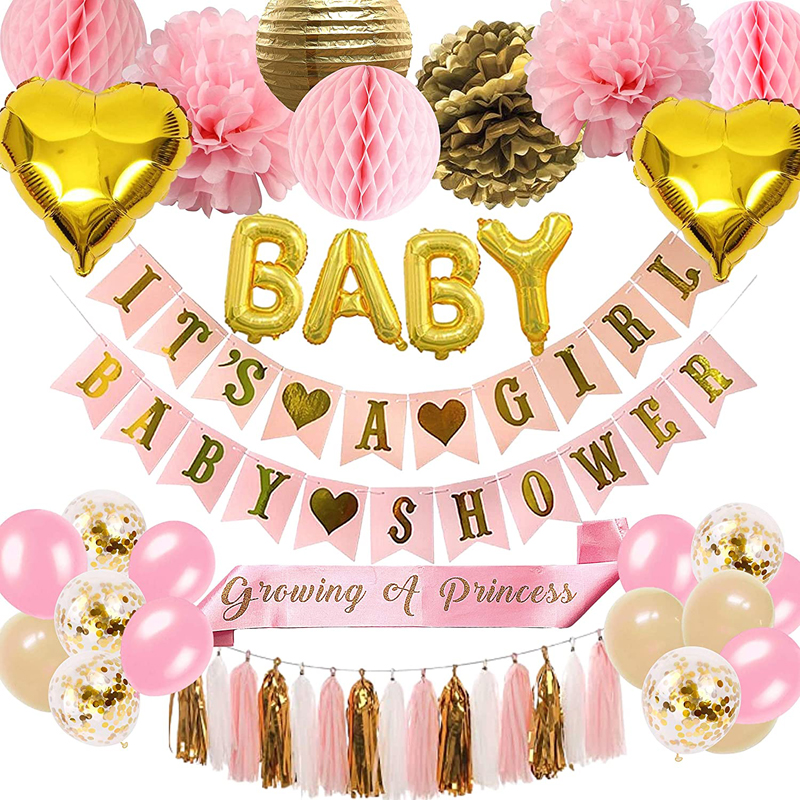 Girl Baby Shower Decorations Pink and Gold Garland Bunting Banner Paper Lanterns