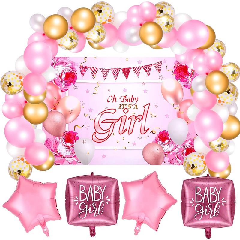 Baby Shower Decorations Includes It Is A Girl Party Backdrop Pink Star Balloons Gender Reveal