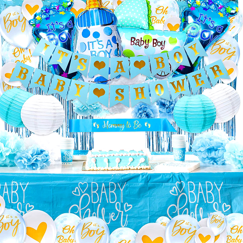 Blue Gold Boy Baby Shower Decorations Combo Kit with Banner Sash Cake Topper Paer Fan Foil Tassel