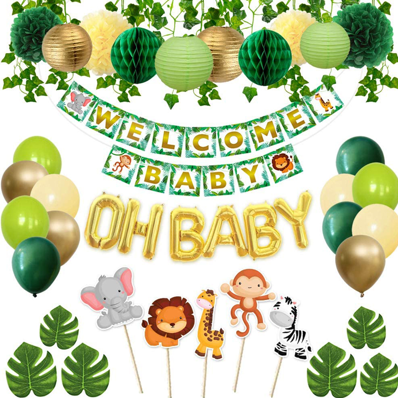 Baby Shower Decorations Jungle Theme Safari with Banner Animal Centerpieces Tropical Leaves