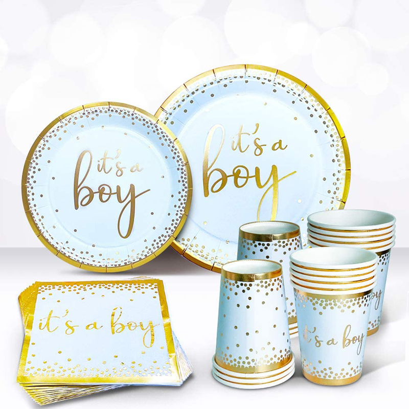 Light Blue Gold Baby Boy Shower Plates and Napkins Boy for 24 Babyshower Tableware Set