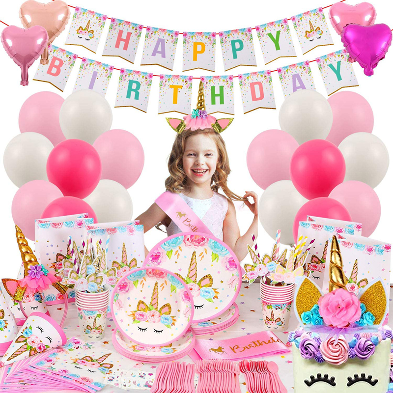 Unicorn Party Supplies Kit with Tableware Girls Kids Unicorn Theme Birthday Party Decorations Set