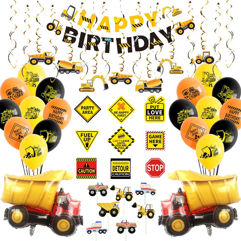Boys Construction Party Supplies Dump Truck Birthday Decorations Set Hanging Swirl Banner Balloons
