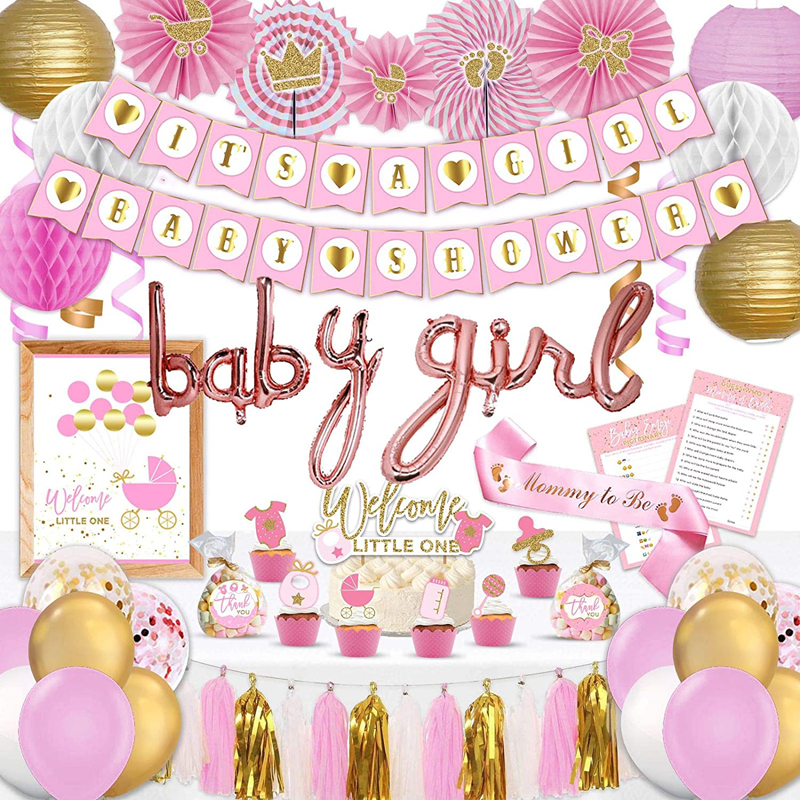 Pink and Gold Baby Shower Decorations for Girl with Banner Sash Cake Topper Paer Fan Foil Tassel