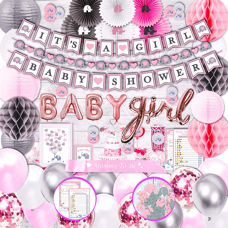 Girl Baby Shower Decorations Kit Garland Guestbook Sash Balloons Cake Toppers Paper Fans Lanterns
