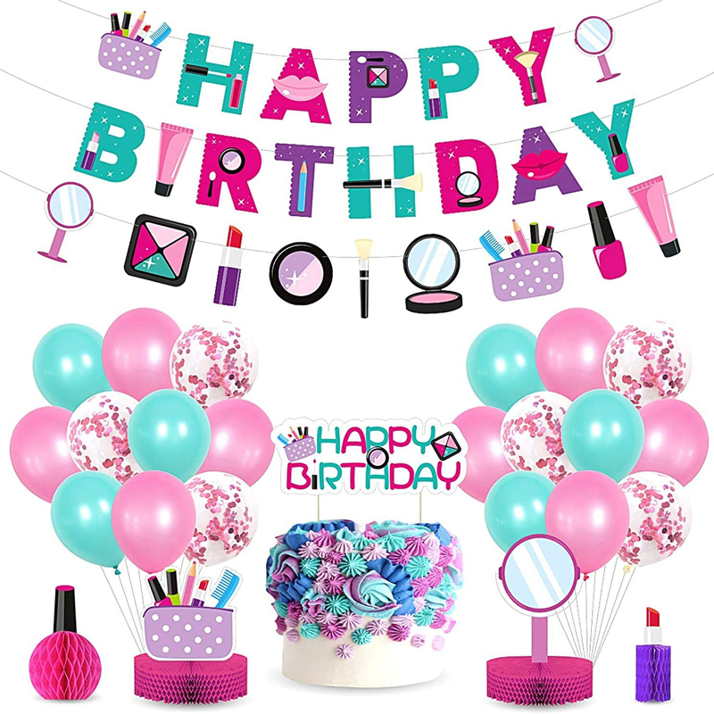 Niños Spa Maquillaje Cosmético Cumpleaños Decoración Set Incluye Feliz Cumpleaños Banner Cosméticos Guirnaldas