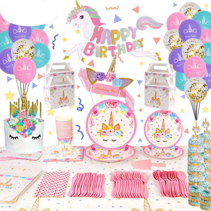 Los paquetes de cumpleaños de unicornio incluyen cubiertos, cucharas, platos, mantel, juego de Artículos para fiestas de unicornio