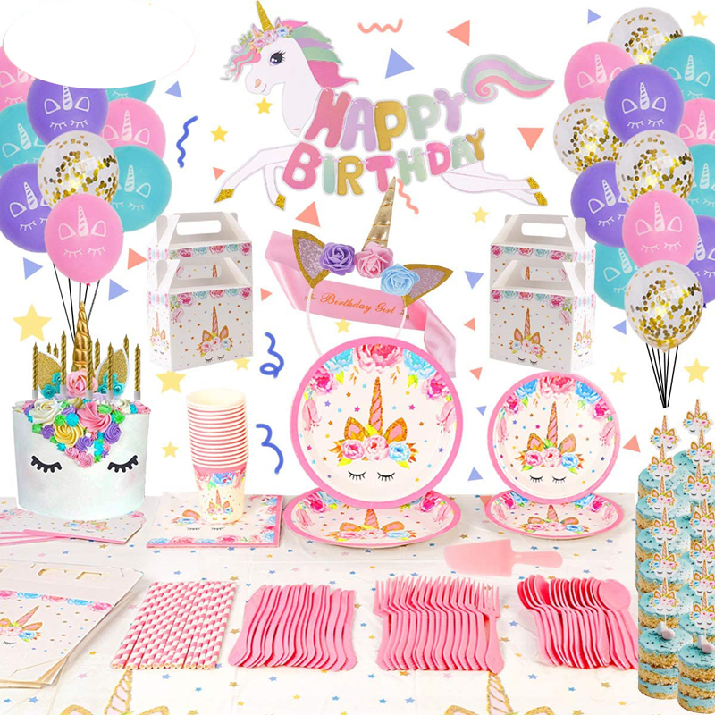 Unicorn Birthday Packs Includs Flatware Spoons Plates Tablecloth Unicorn Party Supplies Set Unicorn Birthday Packs, Party Supplies wholesale