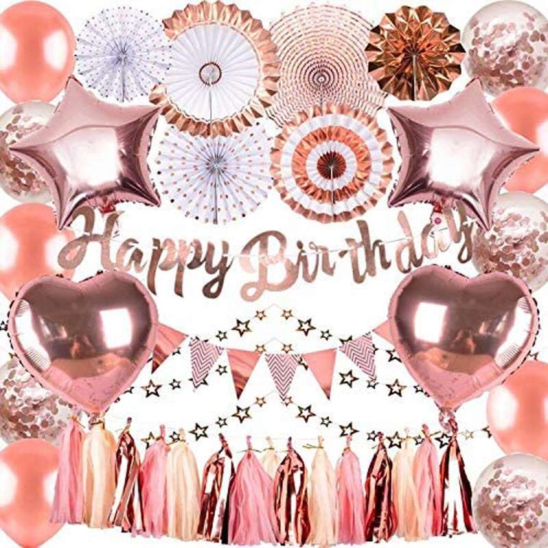 Rose Gold Theme Party Decorations Set Wholesale Supplies Balloons Tassels Paper Fans Pennant for Girls