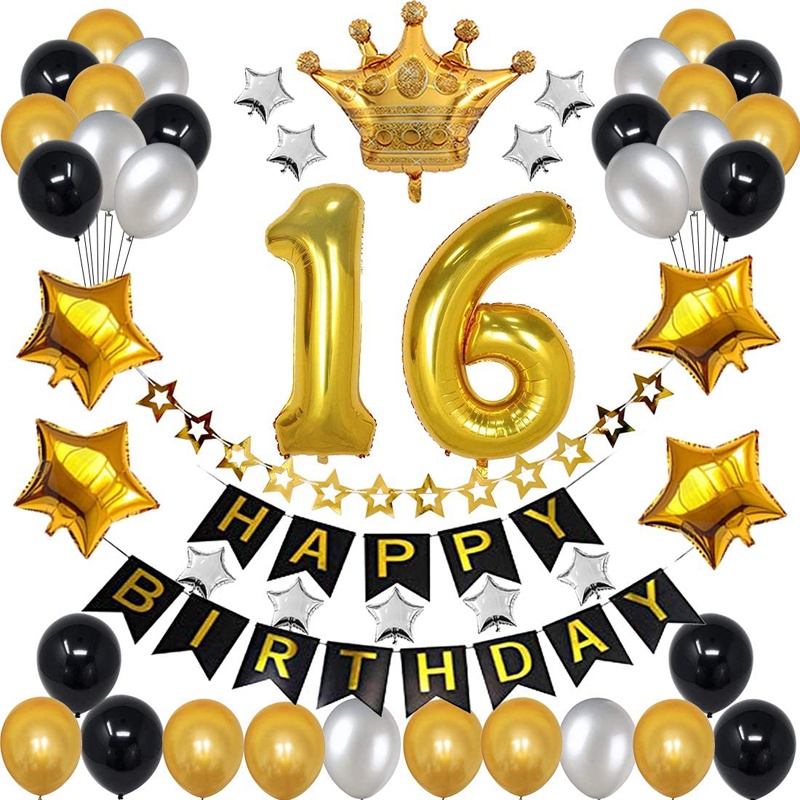 Black and Gold Birthday Decorations for 16th Birthday Party with Gold Number and Gold Crown Balloons