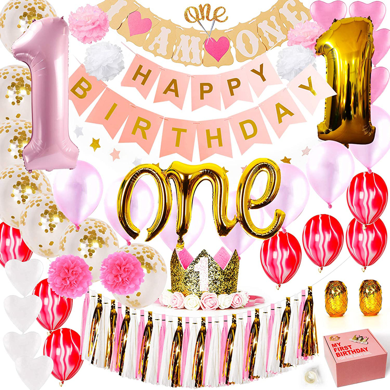 decoración de primer cumpleaños para niña, Artículos de fiesta de oro rosa, blanco, conjunto de decoración de primer cumpleaños