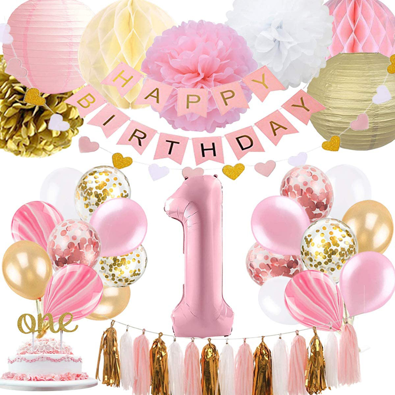 Girls 1st Birthday Decoration with Happy Birthday Banner Number 1 Balloons Pink Gold Party Supplies