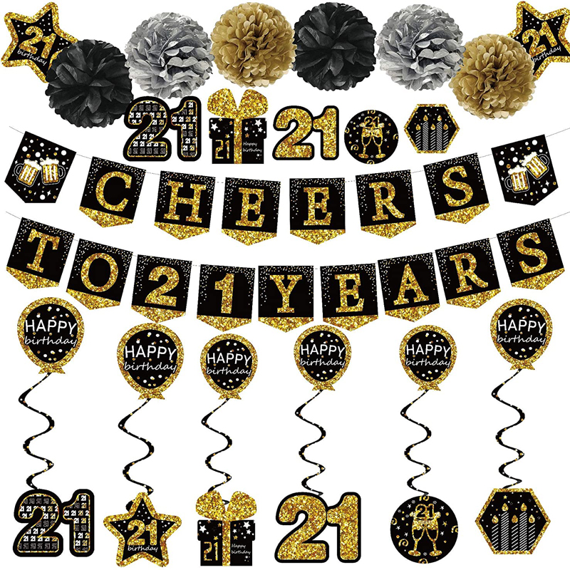 21 Years Black Gold Glitter Birthday Decorations for him Paper Poms Hanging Swirl Decorations