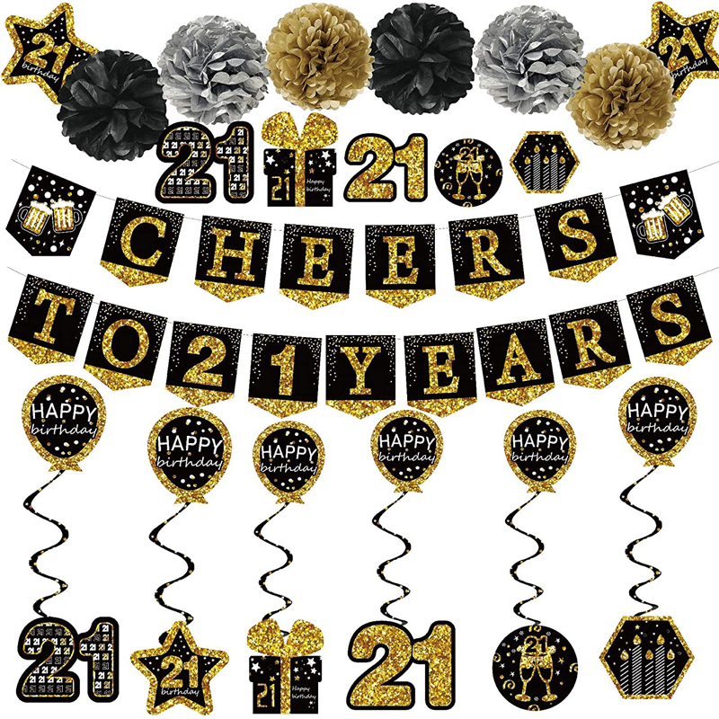 21 Years Black Gold Glitter Birthday Decorations for him Paper Poms Hanging Swirl Decorations, China 21 Years Birthday, Party Decorations wholesale