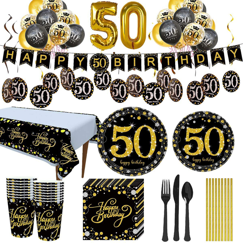 Black and Gold Birthday Party Supplies 50th Party Decorations Pack for 24 Guests Party Decorations