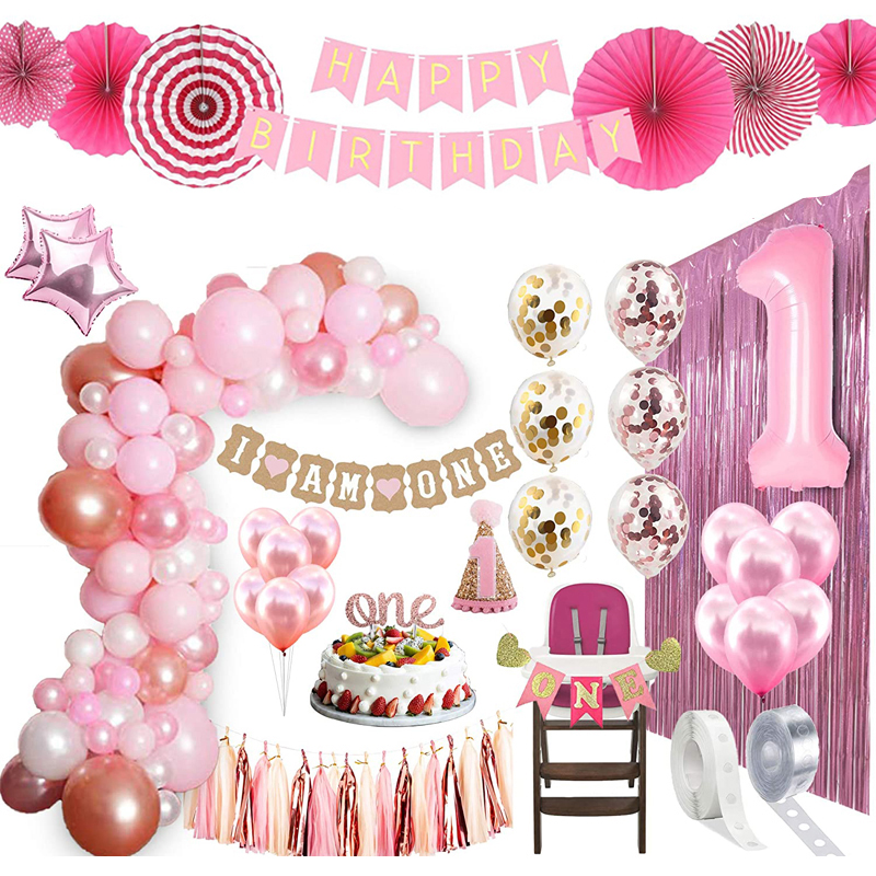 Kit de arco de globos de decoración de niña de 1er cumpleaños de oro rosa, globos de confeti, primer cumpleaños, rosa