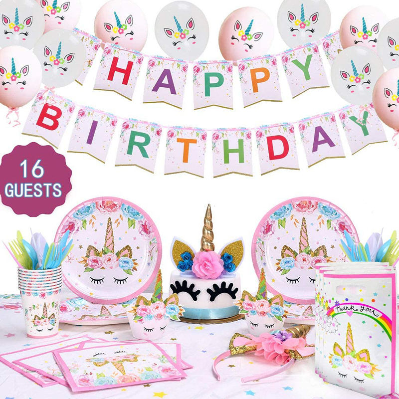 Unicorn Birthday Party Supplies Set Includes Cake Topper Balloons Gift bags Cupcake Toppers plates Birthday Party Supplies, Unicorn Theme wholesale