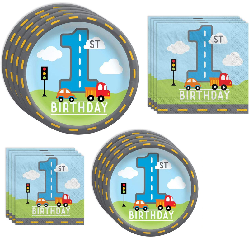 1st Birthday Party Supplies Dinnerwares for Boys 16 Guests Disposable Paper Plate and Napkin Set