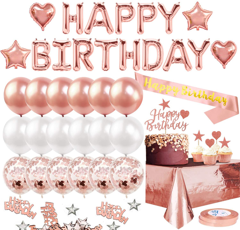 Women Girl Birthday Party Rose Gold Birthday Party Decoration Happy Birthday Banner Rose Gold Tablecloth