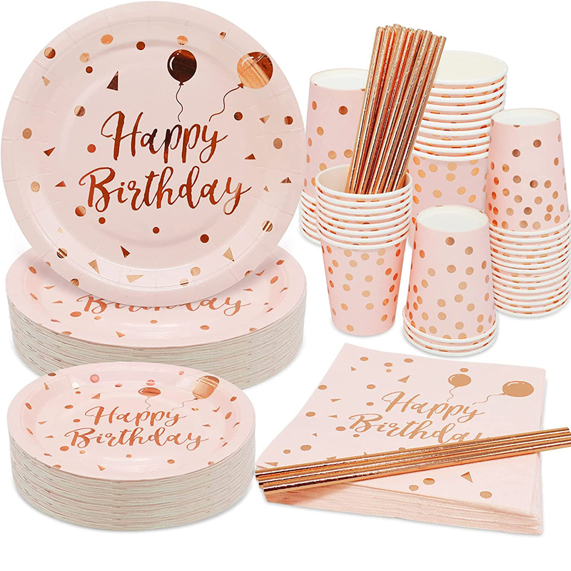 Pink and Rose Gold Birthday Party Supplies Party Plates Napkins Cups Straw for Girls 50 Guests, China Pink and Rose Gold, Birthday Party Plates wholesale