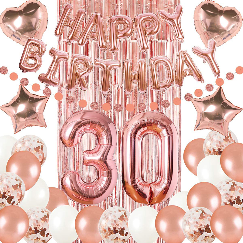 Rose Gold 30th Birthday Decorations Combo Kit Foil Balloons Banner Confetti Balloons