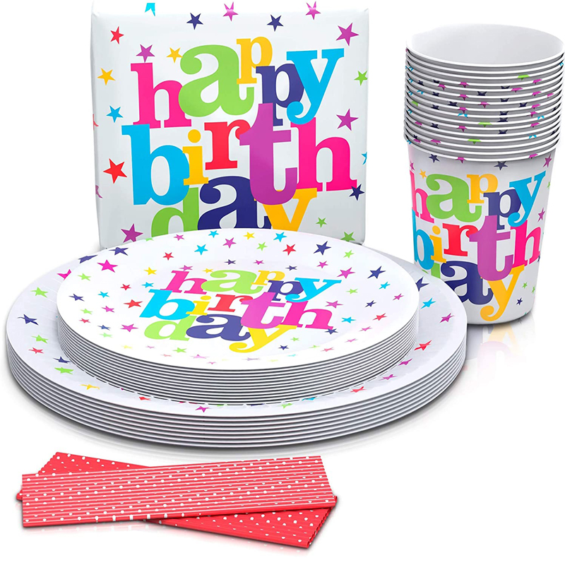 Paquete de Artículos para fiesta de cumpleaños Platos de feliz cumpleaños Juego de servilletas Platos de papel Vasos Servilletas Pajitas