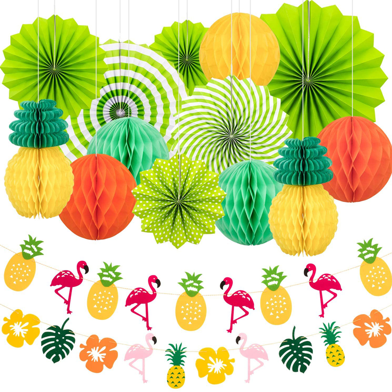 Hawaiian Luau Beach Birthday Photo Backdrop Summer Party Decoration Set Hanging Paper Fans