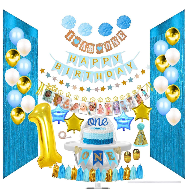First Birthday Party Supplies Baby Boy 1st Birthday Decorations Set Poms Balloons Backdrops