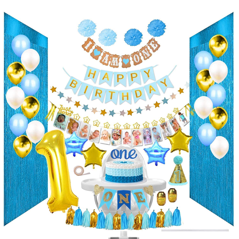 Artículos para fiesta de primer cumpleaños Baby Boy 1st Birthday Decoración Set Poms Globos Telones de fondo