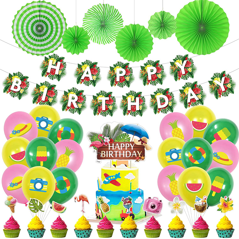 Hawaiian Party Decorations Summer Birthday Party Set Bunting Banner Cake Topper and More