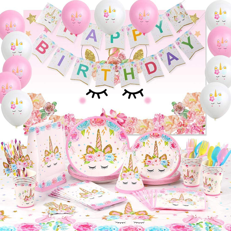 Pink Unicorn Birthday Party Supplies for Girls Unicorn Party Decorations Plates Backdrop Balloons