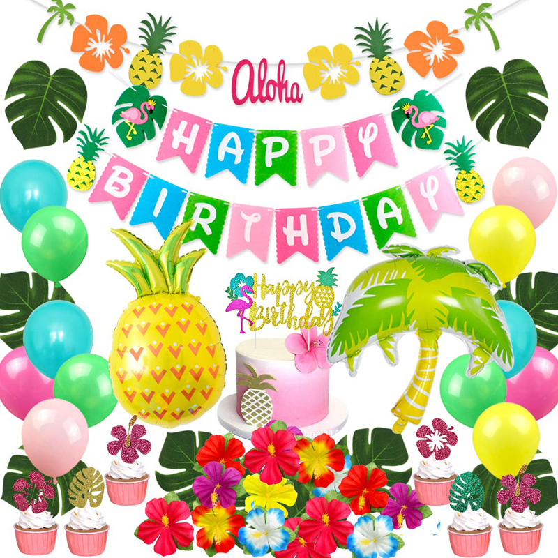 Flamingo Pineapple Banner Hawaiian Luau Theme Birthday Party Decorations Tropical Party Supplies