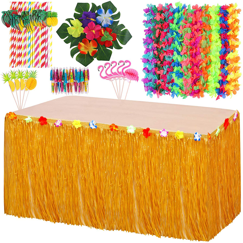 Hawaiian Flowers Hawaiian Party Decorations Set Luau Grass Table Skirt 3D Paper Straws Hawaiian Flowers, Luau Grass Table Skirt wholesale