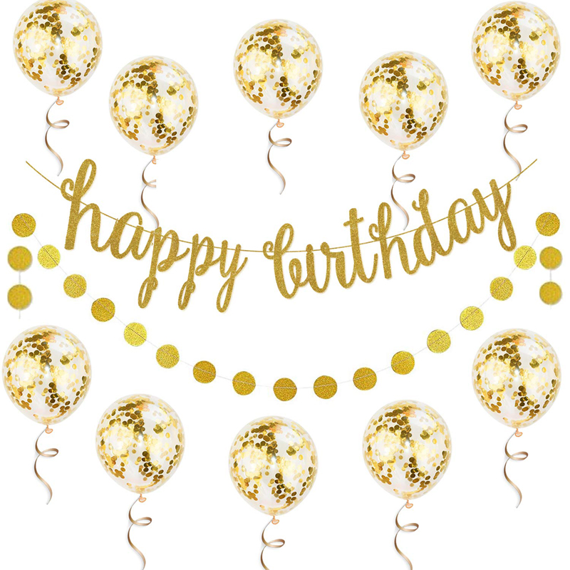 Glittery Birthday Banner Circle Dots Garland Gold Confetti Balloons Gold Happy Birthday Banner