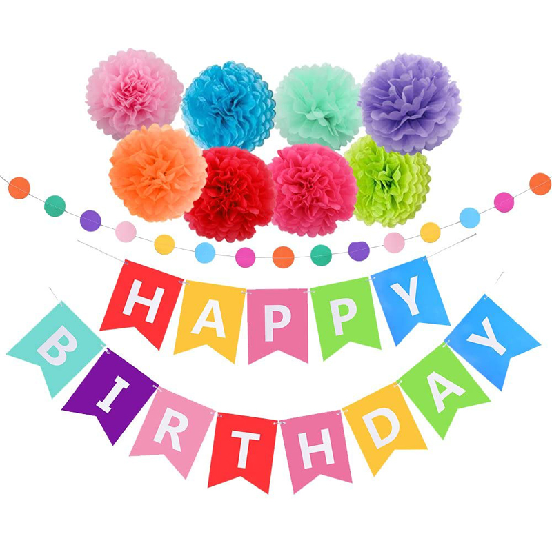 Tissue Pom Poms for Rainbow Birthday Party Supplies Happy Birthday Decorations Banner Kit