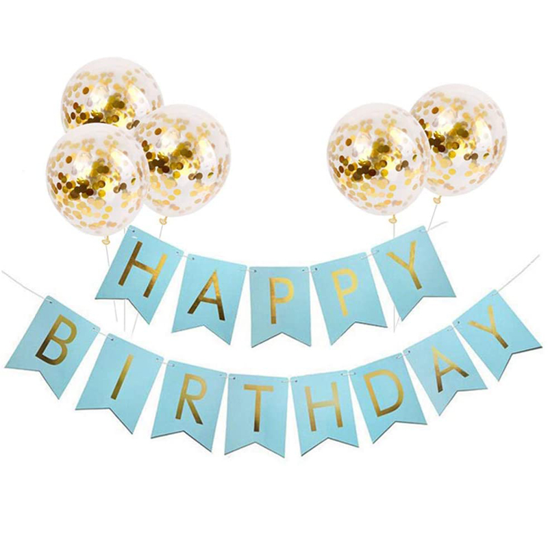 Birthday Party Birthday Decorations Happy Birthday Banner Light Blue Banner Confetti Balloons