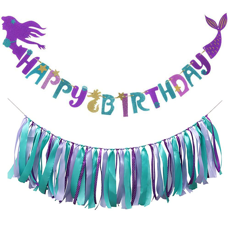 Mermaid Theme Party Decorations Happy Birthday Banner with Mermaid Ribbon Tassel Garlands, China Mermaid Party Decorations, Birthday Banner wholesale