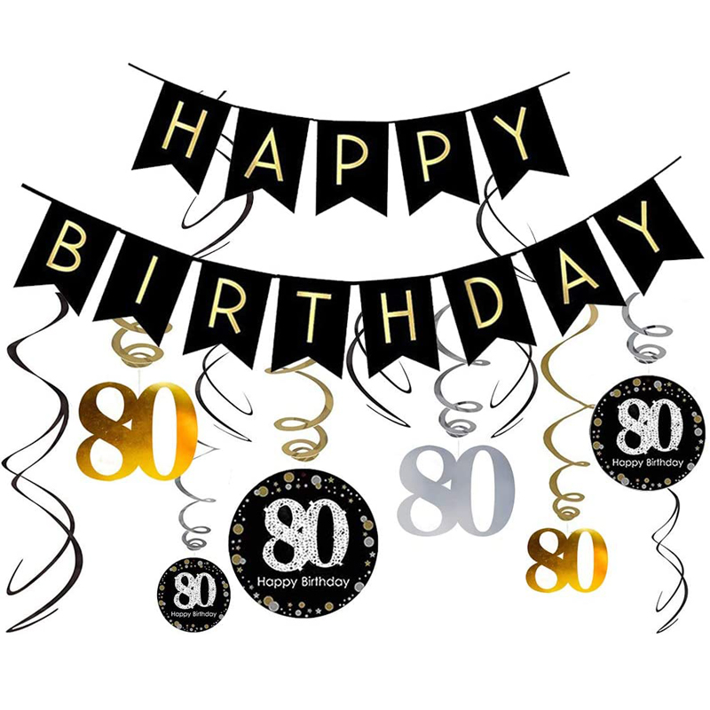 Gold Glitter Happy Birthday Banner Sparkling Celebration 80 Hanging Swirls Decorations Kit