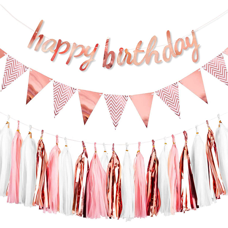 Rose Gold Happy Birthday Pennant Flag Banner Birthday Party Decoration Set Tassels Garlands, China Birthday Pennant Flag Banner, Rose Gold wholesale