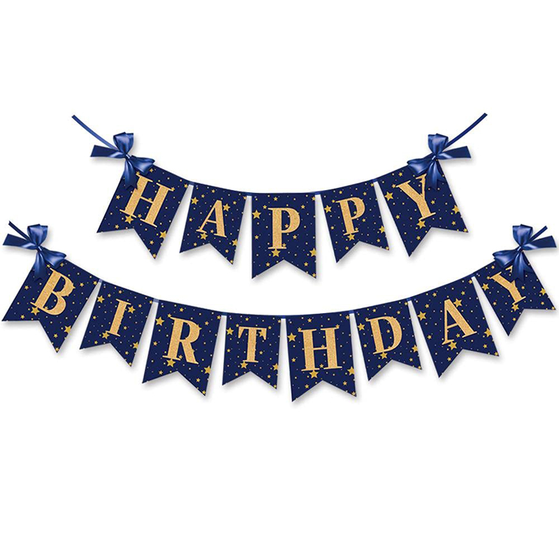 Banderines de letras con purpurina dorada decoración de cumpleaños Banners de feliz cumpleaños azul marino