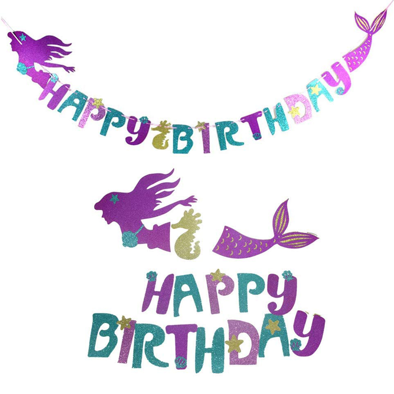 Mermaid Theme Party Decoration Supplies For Kids Under the Sea Mermaid Happy Birthday Banners
