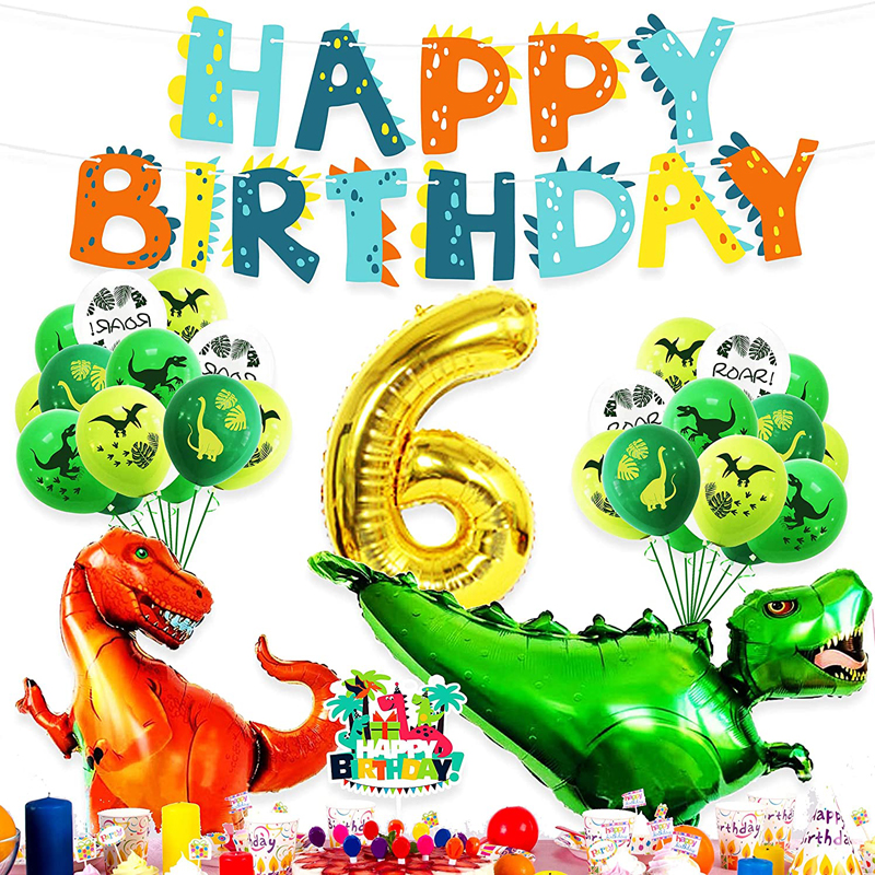 Dino Happy Birthday Banner Cake Topper Party Supplies Happy 6th Birthday Balloons Set